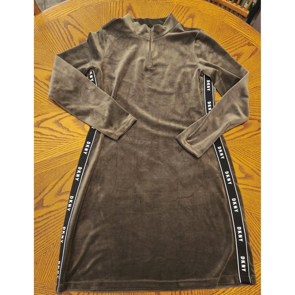 Vintage DKNY Y2K‎ Velvet Velour Dress Medium Olive Green Zip Up Sexy Club Dress